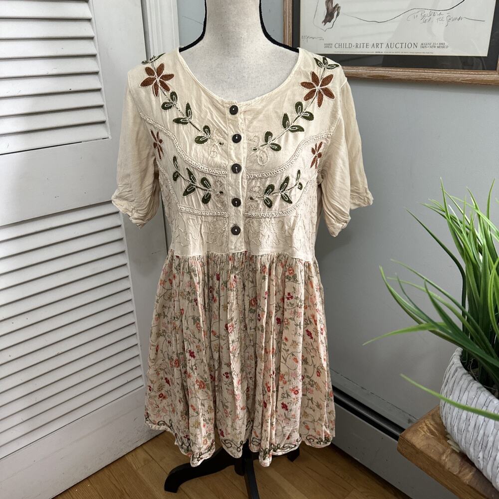 Vintage Softwear Dress Small Cream Floral Mini Embroidered Earthy Boho Chic *